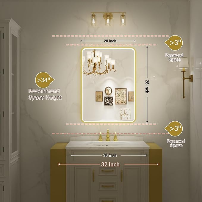20X28 Inch Framed LED Lighted Bathroom Mirror,Wall Mounted Gold Metal Vanity Mirrors with Lights,Dimmable Illuminated Anti-Fog Mirror(Horizontal/Vertical)