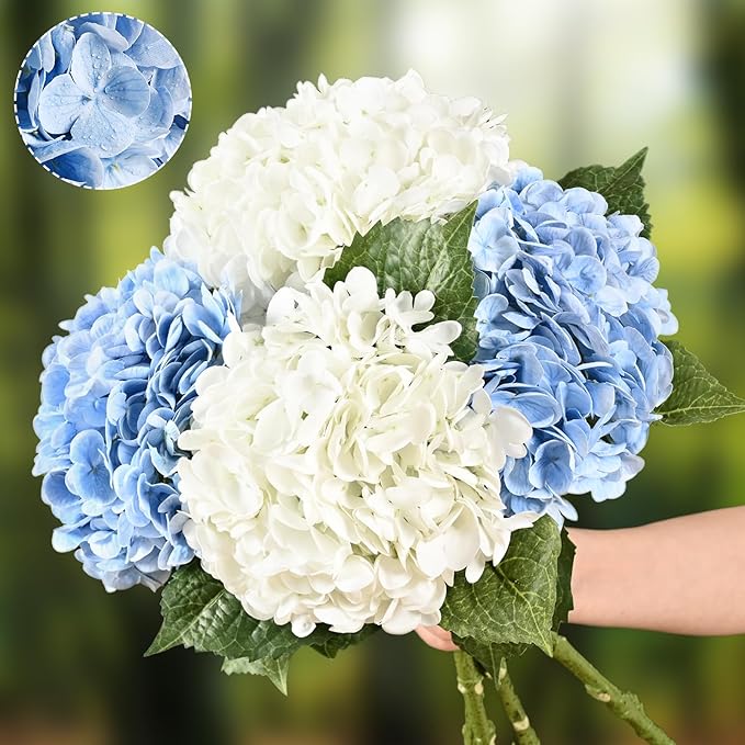 Real Touch Hydrangea Artificial Flowers, 2 Blue & 2 White Real Touch Flowers, 21" Faux Hydrangea Flowers, Fake Hydrangea Flowers for Outdoor Wedding Office Home Decor Table Centerpieces
