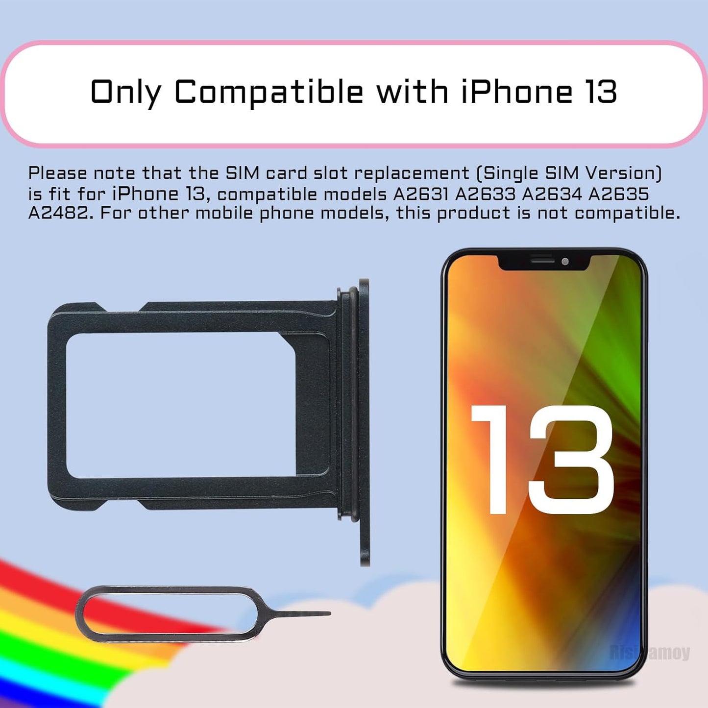 iPhone 13 Black SIM Card Slot Replacement Single SIM Version Card Tray Holder Adapter with Repair Tool Kit A2631 A2633