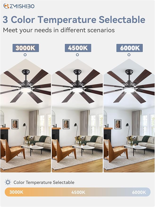 ZMISHIBO 62 inch Large Ceiling Fans with Lights and Remote, Indoor/Outdoor Black Modern Ceiling Fan for Kitchen Living Room Patio, 6 Speed Reversible Quiet DC Motor, 3 CCT, Dual Finish 8 Blades