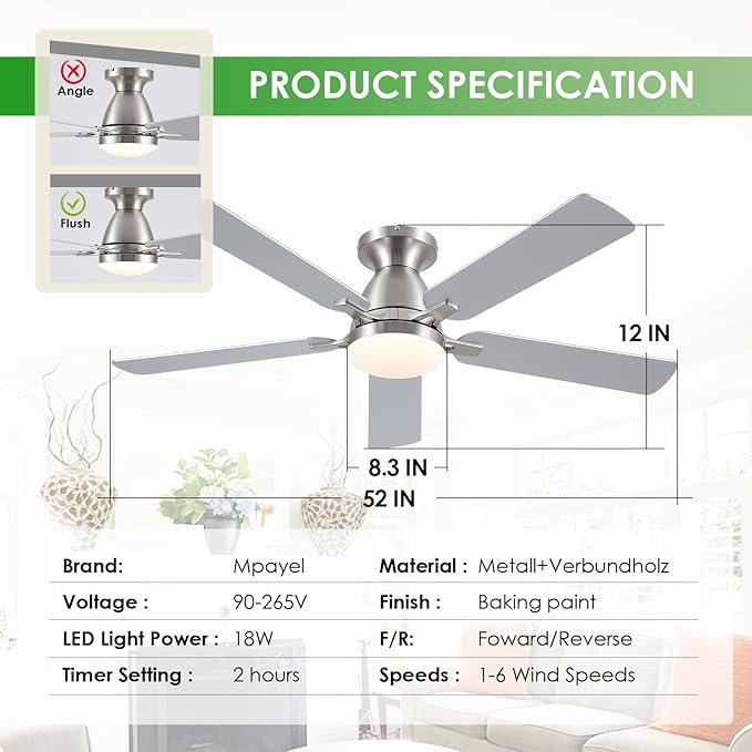 Ceiling Fans with Lights, 52" Flush Mount Ceiling Fan with Light and Remote/APP Control, Low Profile, Modern Ceiling Fan Reversible, Dimmable, Noiseless, Ceiling Fan for Bedroom，Brushed Nickel