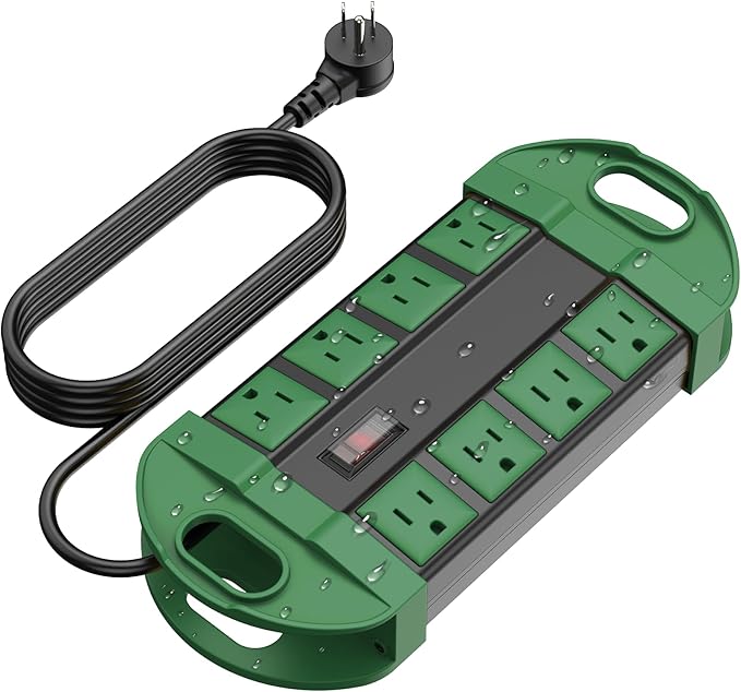CCCEI Outdoor Power Strip Weatherproof with 8 Plug, Waterproof Extension Cord with Multiple Outlets, Christmas Exterior Garden Yard Surge Protector 25FT, Green.