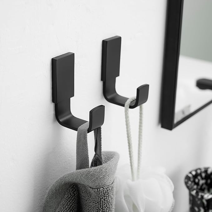 BESy Brass Clothes Hook Single Towel Hook for Bathroom Kitchen Garage Square Style Robe Hooks Coat and Hat Hook, Self Adhesive with Glue or Wall Mounted with Screws, Two Packs, Matte Black