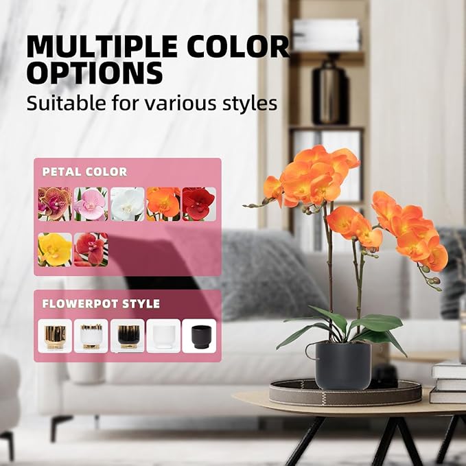 CXGS Orchids Artificial Flowers Real Touch Fake Flowers in Ceramic Pot 20" Orange Faux Orchid Plant Lifelike Silk Phalaenopsis for Centerpiece Hotel Home Indoor Decor