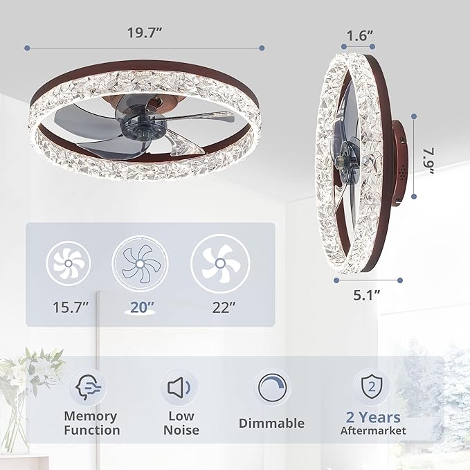 LEDIARY 20" Modern Ceiling Fans with Lights and Remote, Dimmable Low Profile Ceiling Fan, Flush Mount Ceiling Fan, Stepless Color Temperature Change and 6 Speeds - Brown