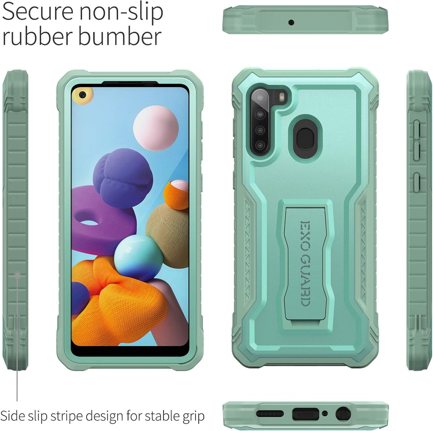 ExoGuard Rubber Shockproof Full-Body Case for Samsung Galaxy A21, Green with Built-in Screen Protector & Kickstand