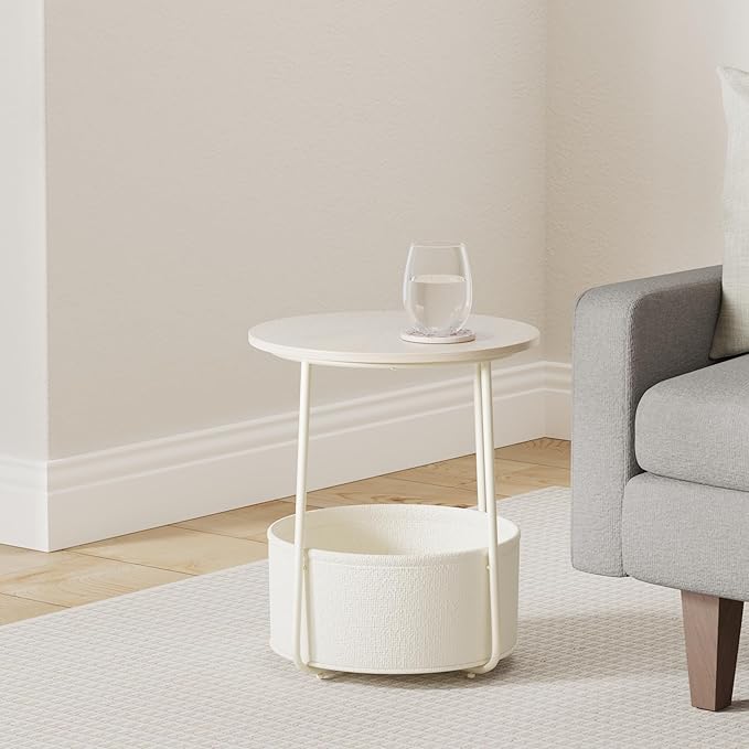 VASAGLE LILEA Collection - Small Round Side End Table, Modern Nightstand with Fabric Basket, Cream White ULET223K67