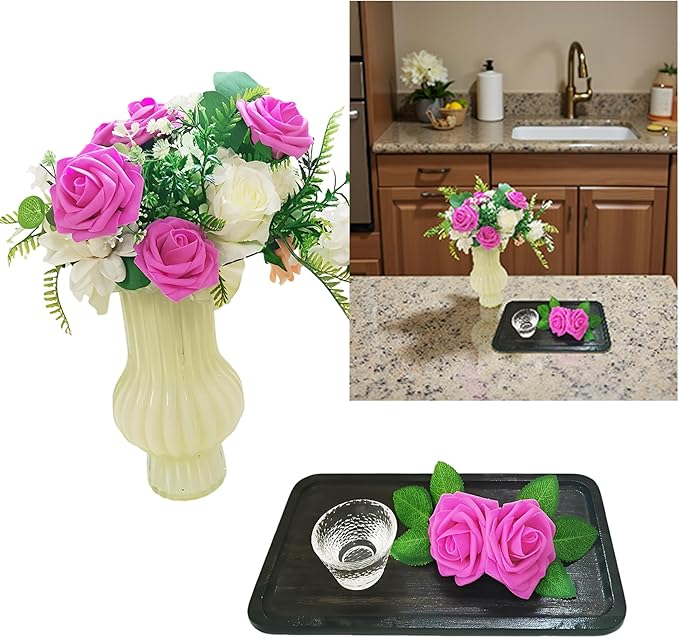 Artificial Flowers 25pcs Fake Roses, Hot Pink Foam Rose Faux Flower for DIY Wedding Bouquets Bridal Shower Centerpieces Floral Arrangements Home Decorations Party Backdrops Table