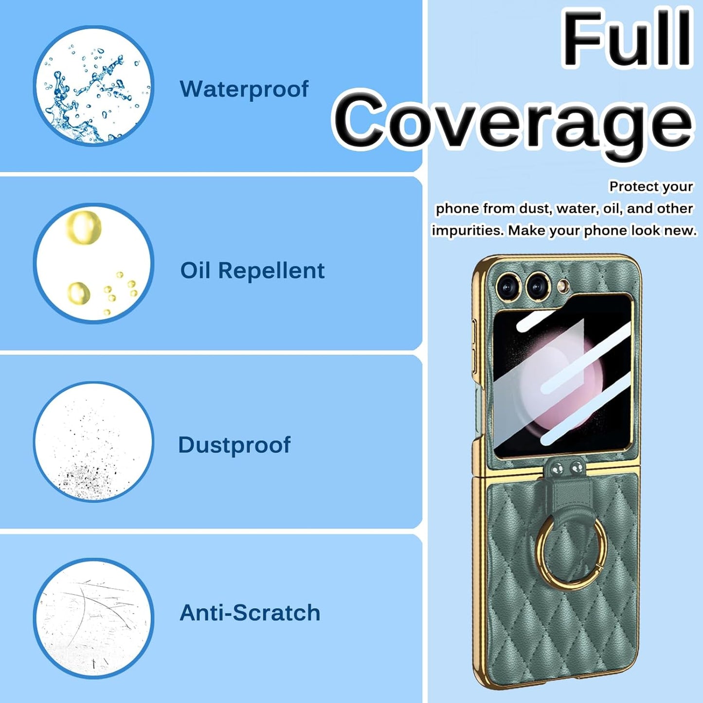 Miimall Leather Case with Metal Ring Holder for Galaxy Z Flip 5, Built-in Screen Protector, Ultra-Thin Cover (Deep