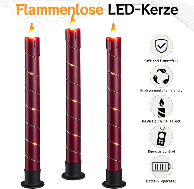 Da by 3 Pcs Flickering Flameless Battery Operated Taper Candle-Window Candles with Remote and Time-LED 3D Dynamic Flame-9.6 Inches for Wedding, Party,Home Decoration- Red