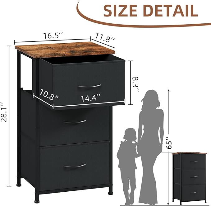 Somdot Dresser for Bedroom with 3 Drawers, Storage Organizer Chest of Drawers with Removable Fabric Bins for Closet Bedside Living Room Laundry Entryway Hallway, Black Rustic Brown