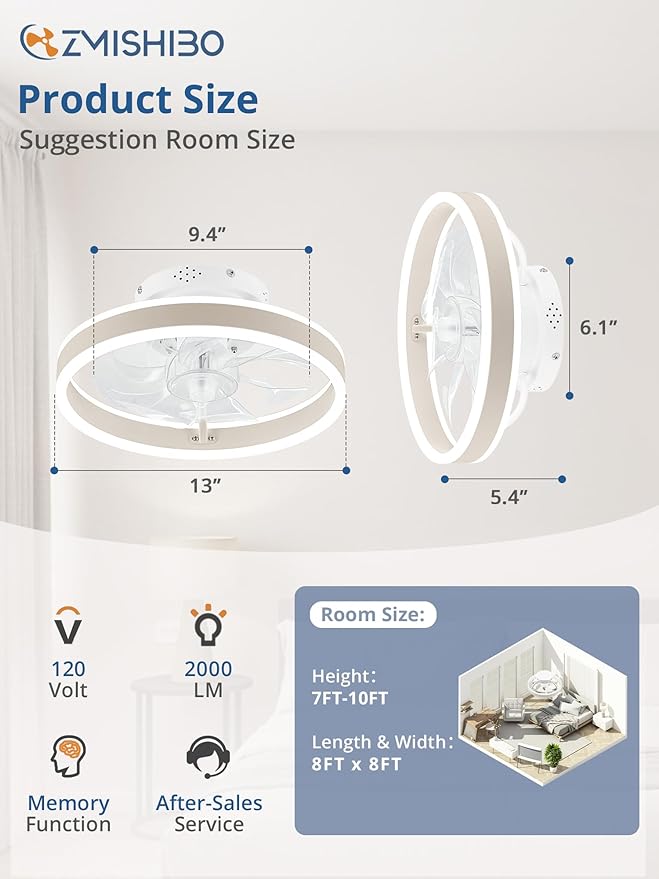 ZMISHIBO Low Profile Ceiling Fans with Lights and Remote, 13 Inch Fandelier Ceiling Fan with Light, White Modern Flush Mount Ceiling Fan, Small Dimmable LED Fan Lights for Bedroom