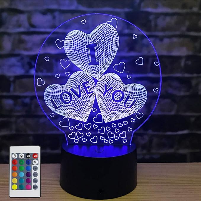 AZIMOM 3D I Love You Illusion lamp LOVE Shape Night Light 16Colors Changing Smart Touch Remote Control Optical Illusion Bedside Lamps Bedroom Home Decoration for Kids Boys & Girls Women Birthday Gifts