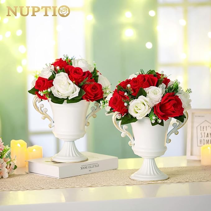 NUPTIO Pcs of 10 Fake Flower Ball Arrangement Bouquet,15 Heads Plastic Roses with Base, Suitable for Our Store's Wedding Centerpiece Flower Rack for Parties Valentine's Day Home Décor (Red & White)