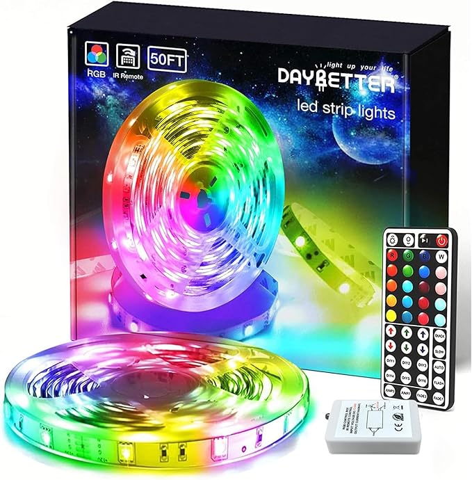 DAYBETTER (2rd Gen) SMD 5050 Remote Control Led Strip Lights 50ft Color Changing with 44Keys Remote Controller and 12V Power Supply for Bedroom