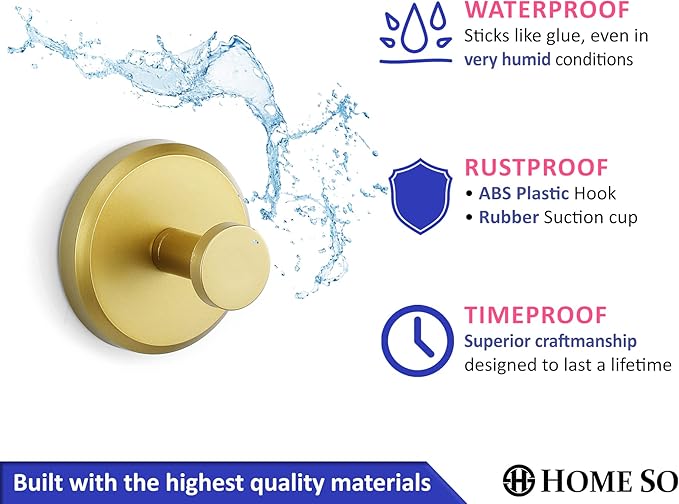 HOME SO Suction Cup Hooks for Shower, Bathroom, Kitchen, Glass Door, Mirror, Tile – Loofah, Towel, Coat, Bath Robe Hook Holder for Hanging up to 15 lbs – Waterproof, Matte Brushed Satin Gold (4-Pack)
