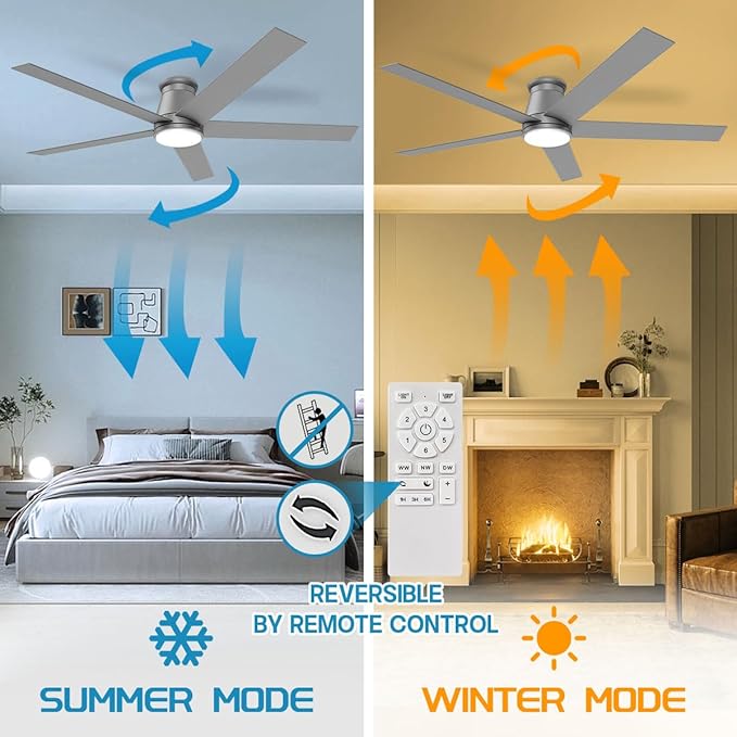 wurzee 60 Inch Flush Mount Ceiling Fan, Matte Silver Low Profile Fan Reversible DC Motors, Dimmable, Timer, Noiseless, Ceiling Fan for Indoor & Outdoor Bedrooms, Living Rooms