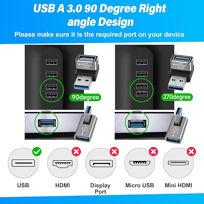 90 Degree USB 3.0 Adapter 4 Pack, Up and Down & Left and Right Right Angle USB A Male to Female Connector Converter USB L Shape Extender, Support Charge & Data Sync for PC, Laptop, Mouse, Keyboard