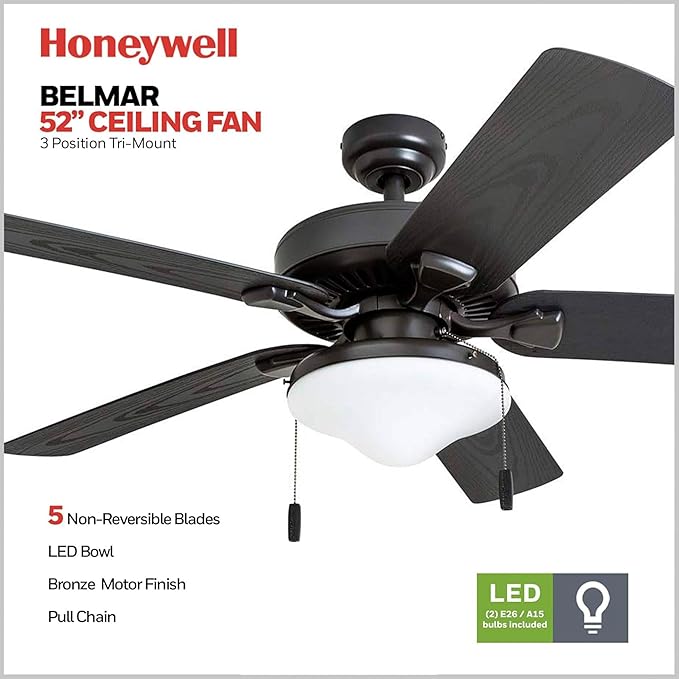 Honeywell Ceiling Fans Belmar 52 Inch Ceiling Fan With Light, Indoor/Outdoor Ceiling Fan with Pull Chain, LED Tri-Mount 5 Blade Design, ETL Damp Rated, Bronze (50512-01)
