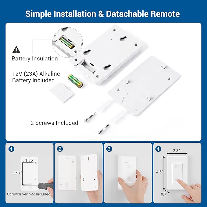 DEWENWILS 3 Way Wireless Light Switch and Receiver Kit, Remote Control for Ceiling Lights, Fans, Lamps, No in-Wall Wiring, No WiFi Needed, Wireless Panel Switch,100Ft RF Range