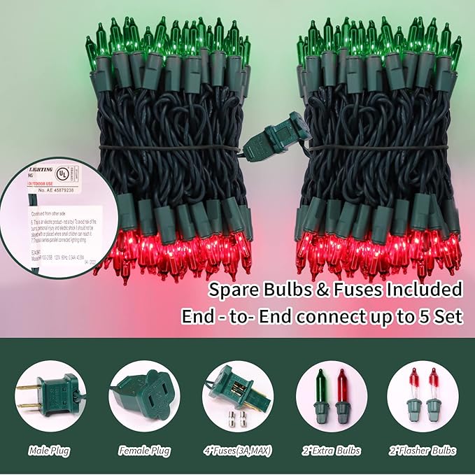 LAMPHOME Super-Bright Extendable Christmas Lights Decoration 100 Lights 19.6ft UL Certified Mini Bulb String Lights for Outdoor Christmas Tree Garden Party Patio Garland Decor (Red+Green)