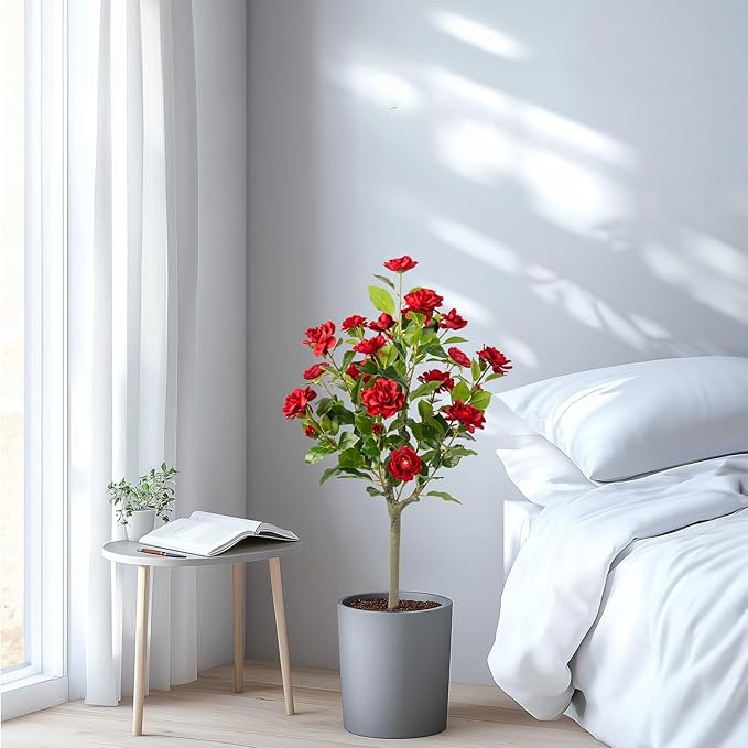 Artificial Camellia Tree 2 Pack, Artificial Plants Outdoor Faux Floral Plant in Cement Pot Fake Silk Camellia Tree Plants for Home House Living Room Office Decor