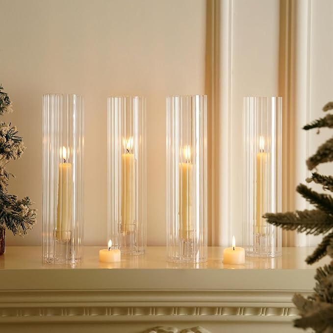 Hurricane Candle Holder Thickened Ribbed Cylinder Covers Taper Candle Sticks Holder Glass Tall Candlesticks Holders Centerpiece for Wedding Dining Table, 4 Pcs