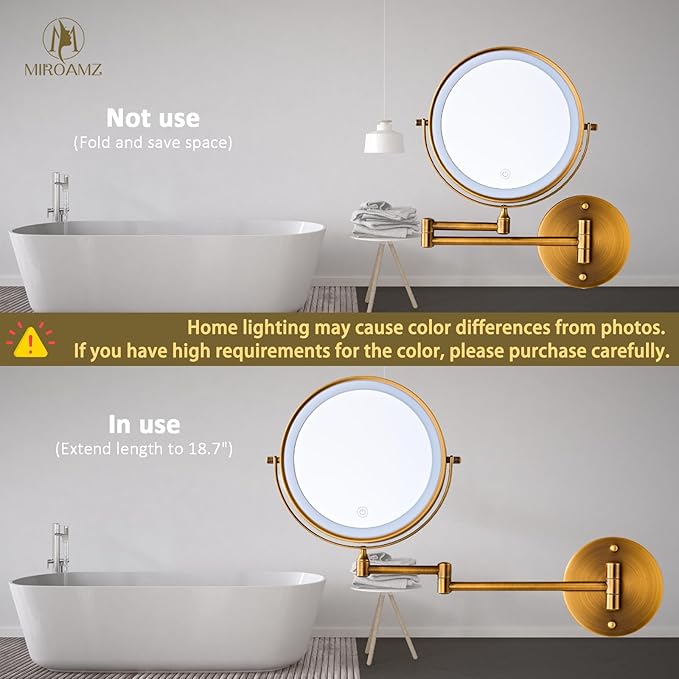 Rechargeable Wall Mounted Lighted Makeup Vanity Mirror 8 Inch Double Sided 1X 10X Magnifying for Bathroom, 3 Color Lighting, Touch Screen, 360 Rotation Shaving Brushed Antique Brass