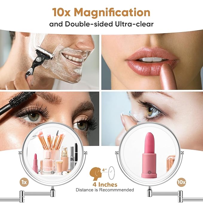 FASCINATE Rechargeable Wall Mounted Makeup Mirror with Lights and Magnification, 8 Inch Double Sided 1X 10X Magnifying Bathroom Mirror with 3 Color Lights & 360° Rotation Vanity Mirror - Chrome
