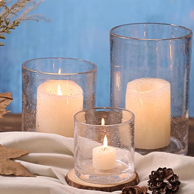 Hurricane Candle Holder Set of 3 Clear Candle Holders for Pillar Candles, Seeded Bubbles Glass Candle Holder for table centerpiece, Glass Cylinder Vases for Home, Patio and Wedding 8"4.7"3.5"H