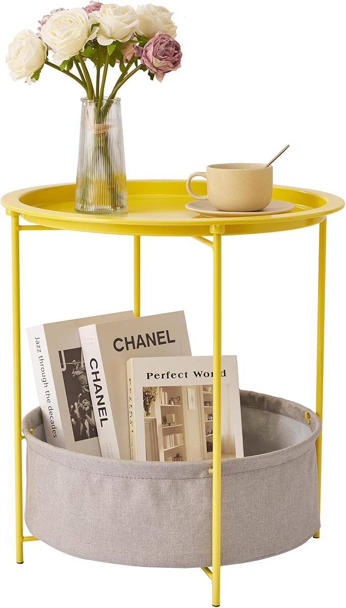 VECELO Round Side/End Table with Fabric Storage Basket，Metal Anti-Rust and Waterproof Small Bedside Nightstand with Removable Tray Top for Living Room，Balcony & Laundry，Yellow /1pcs with Basket