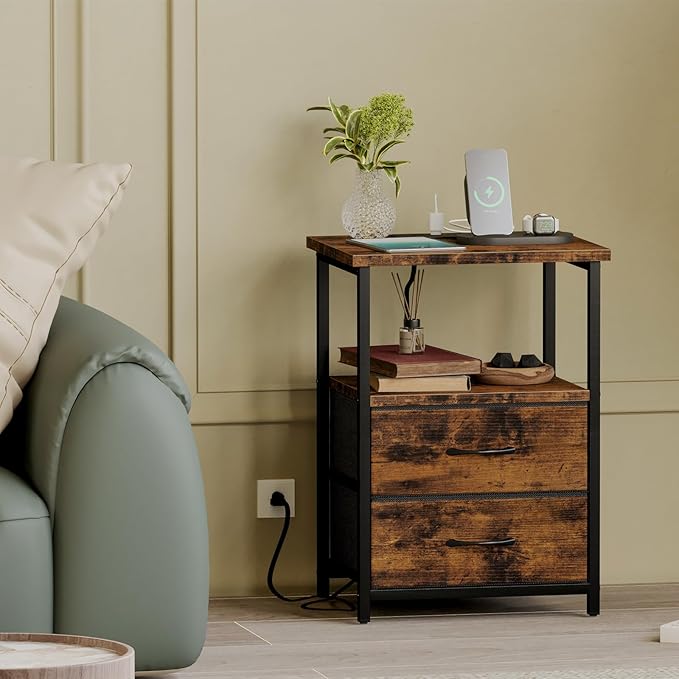 Fixwal Rustic Brown Night Stand with Charger Station, Nightstand with Charging Station & Fabric Drawers