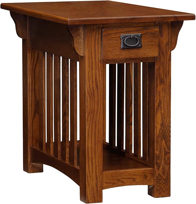 Leick Home Mission Impeccable End Table, Solid Wood Side Table with Drawer & Shelf, Slatted Sides, Blackened Hardware, Easy Assembly, Medium Oak Finish, 17 in L x 25 in W x 23 in H, 8206