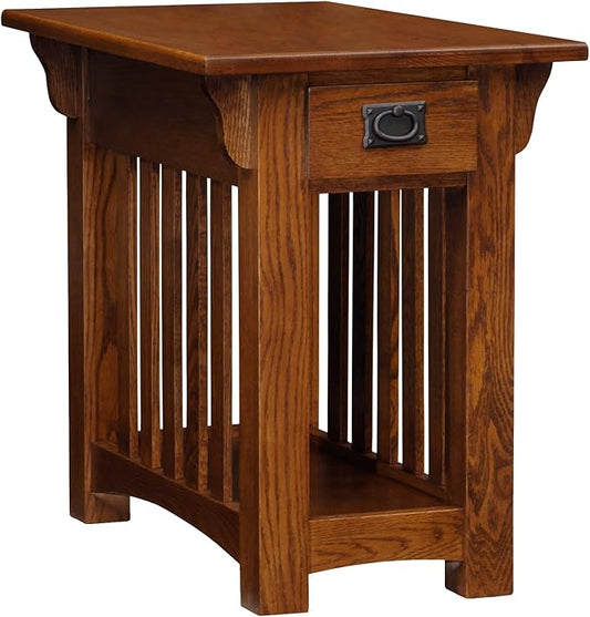 Leick Home Mission Impeccable End Table, Solid Wood Side Table with Drawer & Shelf, Slatted Sides, Blackened Hardware, Easy Assembly, Medium Oak Finish, 17 in L x 25 in W x 23 in H, 8206