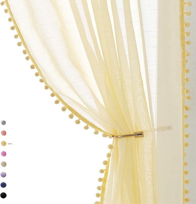 Treatmentex Pom Pom Yellow Sheer Curtains for Girl's Room 63" Linen Texture Voile Draperies for Bedroom 52" w 2 Pack
