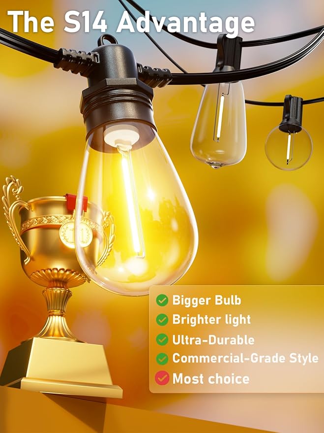 150FT LED Outdoor String Lights With 45 Edison Shatterproof IP65 Waterproof Bulbs, 2700K Dimmable Commercial Grade Patio Lighting, Heavy Duty Outside Hanging for Garden Porch Deck Decor