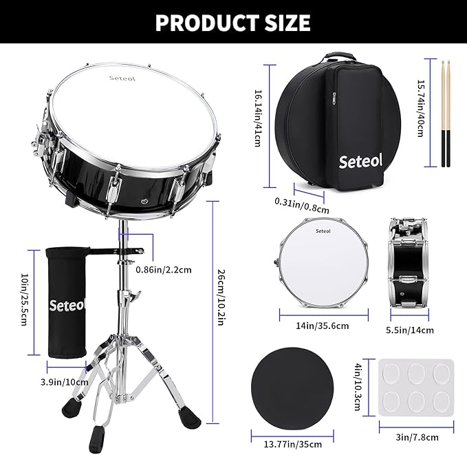 Snare Drum Set, 14" x 5.5" Marching Snare Drum with Stand & Storage Padded Bag + Silent Mute Pad + Drums Sticks + Drumstick Holder + Drums Key + Damper Gels for Adults Kids Beginners (Black)