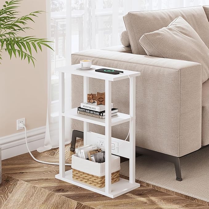 VIMBER Narrow Side Table with Charging Station, 2 Set Skinny End Table for Small Spaces, Sofa Beside Tables with Storage Shelf, Slim Nightstand with USB Ports Outlet, Couch Table White UTBT003W2