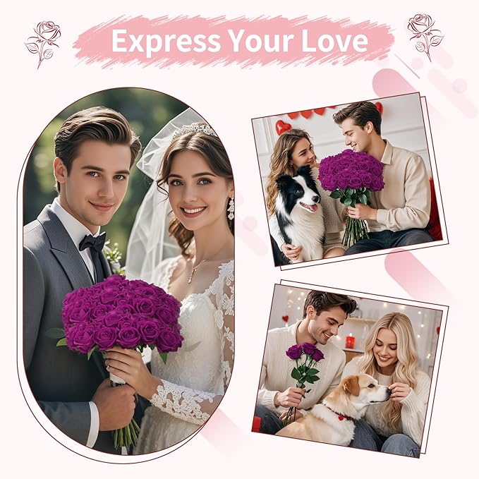 52 PCS Purple Artificial Roses Bulk, Fake Artificial Flowers Bridal Bouquet Silk Faux Rose with Stems for Wedding Flowers Decoration, Valentine's Day, Bridal Bouquet, Anniversary, Home Decor (52PCS)