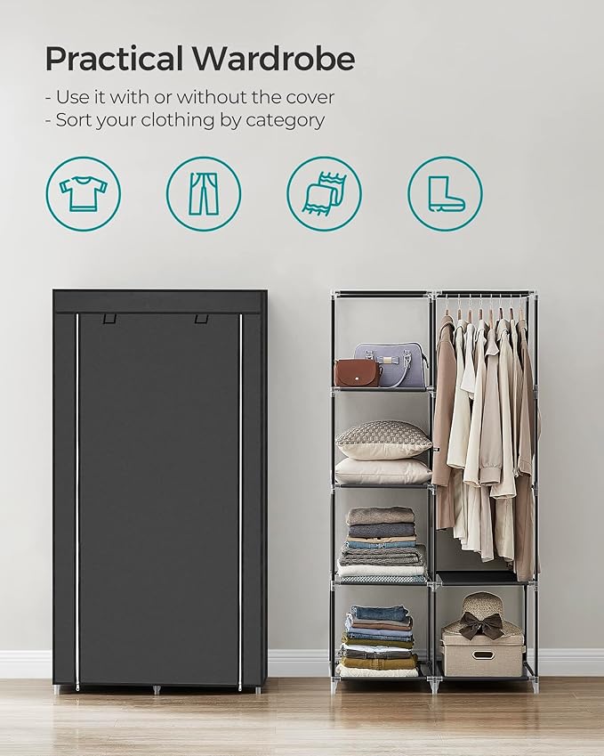 SONGMICS Portable Closet, Clothes Storage Organizer with 6 Shelves, 1 Clothes Hanging Rail, Non-Woven Fabric Closet, Metal Frame, 34.6 x 17.7 x 66.1 Inches, Black URYG84BK