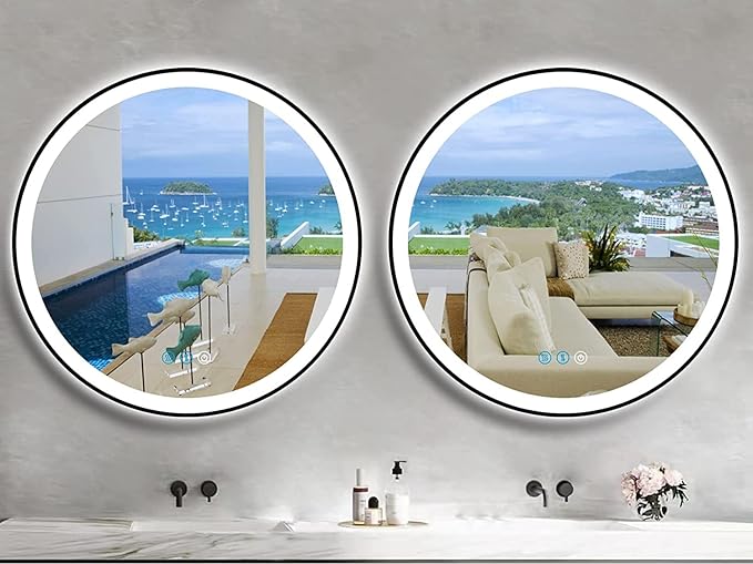 32 Inch Black Frame Round LED Bathroom Mirror Anti-Fog Smart Memory 3 Color Adjustable Brightness Frontlit 32" Black Framed Circle Round Lighted Vanity Mirror for Bathroom Wall Mounted