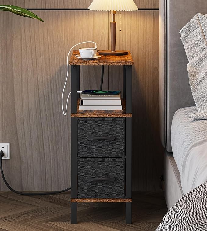 Narrow Side Table for Small Spaces, Skinny End Table with Charging Station, Sofa Beside Table with 2 Drawers 1 Open Compartment, Slim Nightstand with USB Ports Outlet, Rustic and Brown UTBT004F