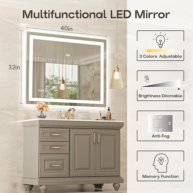 USHOWER LED Bathroom Mirror 40x32 Inch with Lights - Frameless Tempered Glass LED Backlit Lighted Mirror for Bathroom Vanity with Anti-Fog, 3 Colors Dimmable, Memory Function, Wall-Mounted