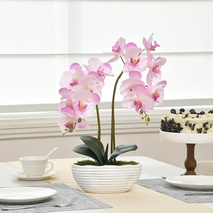 Large Artificial Potted Orchid Plant, Silk Flower Arrangement with Ceramics Vase, Pink Shades