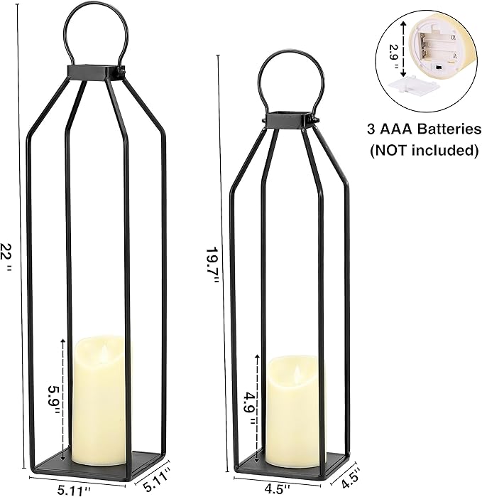Perfnique Modern Farmhouse Lantern Decor, 19.7'' 22'' Set of 2 Black Metal Lanterns, 2 LED 6hr Timer Flickering Flameless Candles, Lanterns Decorative for Porch, Patio, Fireplace Mantle, Christmas