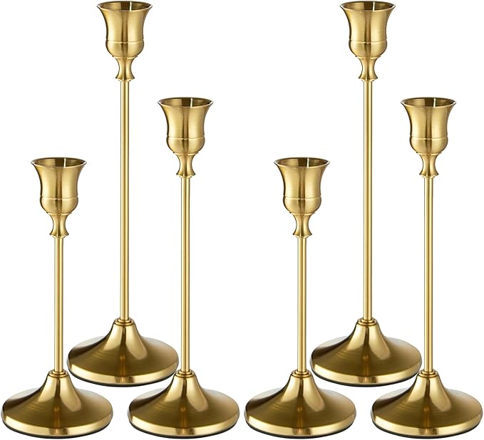 Gold Candlestick Holders, Taper Candle Holders, Set of 6 Brass Candle Holder Set, Vintage Table Centerpiece for Wedding Christmas Holiday