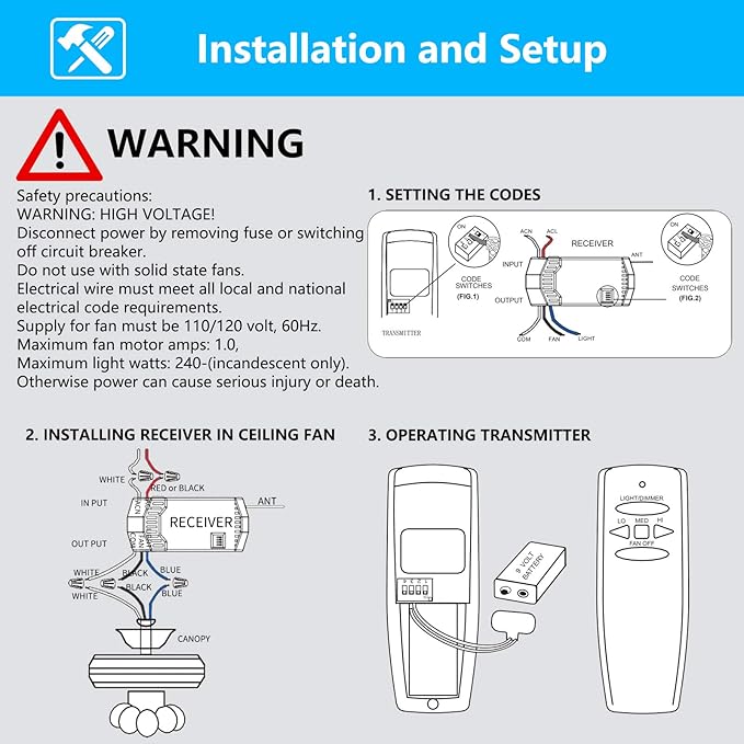 Universal Ceiling Fan Remote Control and Receiver Kit for Hampton Bay Hunter Harbor Breeze, 3-Speed Light Dimmer, Replacement for FAN28R FAN-53T L3H2010FANHD CHQ7078T UC7078T Fan-HD HD5 Kit