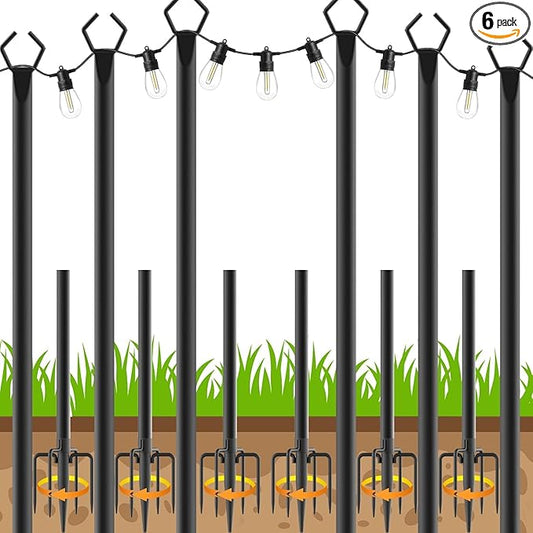 6 Pack 10Ft String Poles, Poles for Outside String Lights,Outdoor with Fork,Metal Poles Stand for Patio,Backyard,Deck