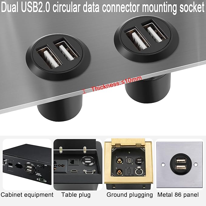 QIANRENON Dual USB2.0 Threaded Fixed Round Connector 2 USB2.0 Female to 2 Female Panel Mount Adapter Dual USB2.0 Flush Mount Socket, for Data Transfer/Charge External USB Auxiliary Device
