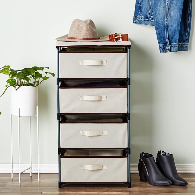 Juvale 4-Tier Dresser for Bedroom - 16.5 in L x 13 in W x 33 in H, Beige, Metal & Fabric - Freestanding Closet Organizer with Fabric Storage Drawers - Narrow Dresser & Cabinet with Drawers